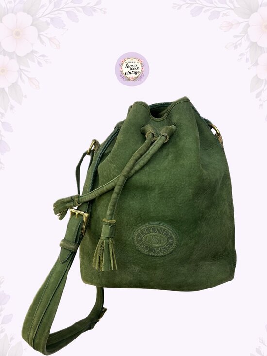 Dooney & Bourke Handbags - Vintage Dooney & Bourke Leather Bucket Bag • 1990s Green Suede Drawstring Purse